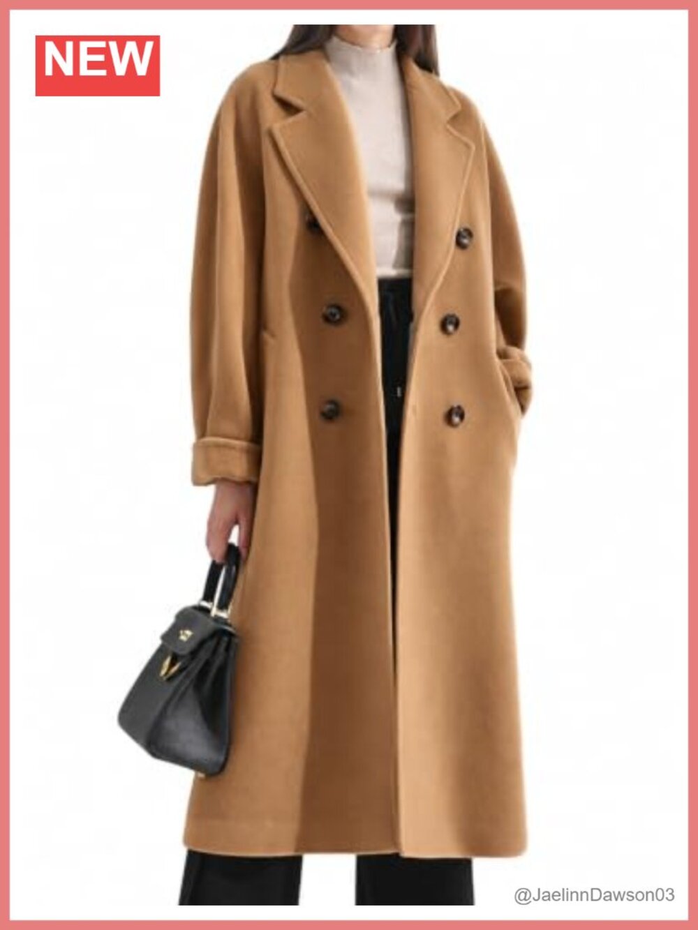 Wool Blend Pea Coat Long Trench Coat Belted Double Breasted Winter